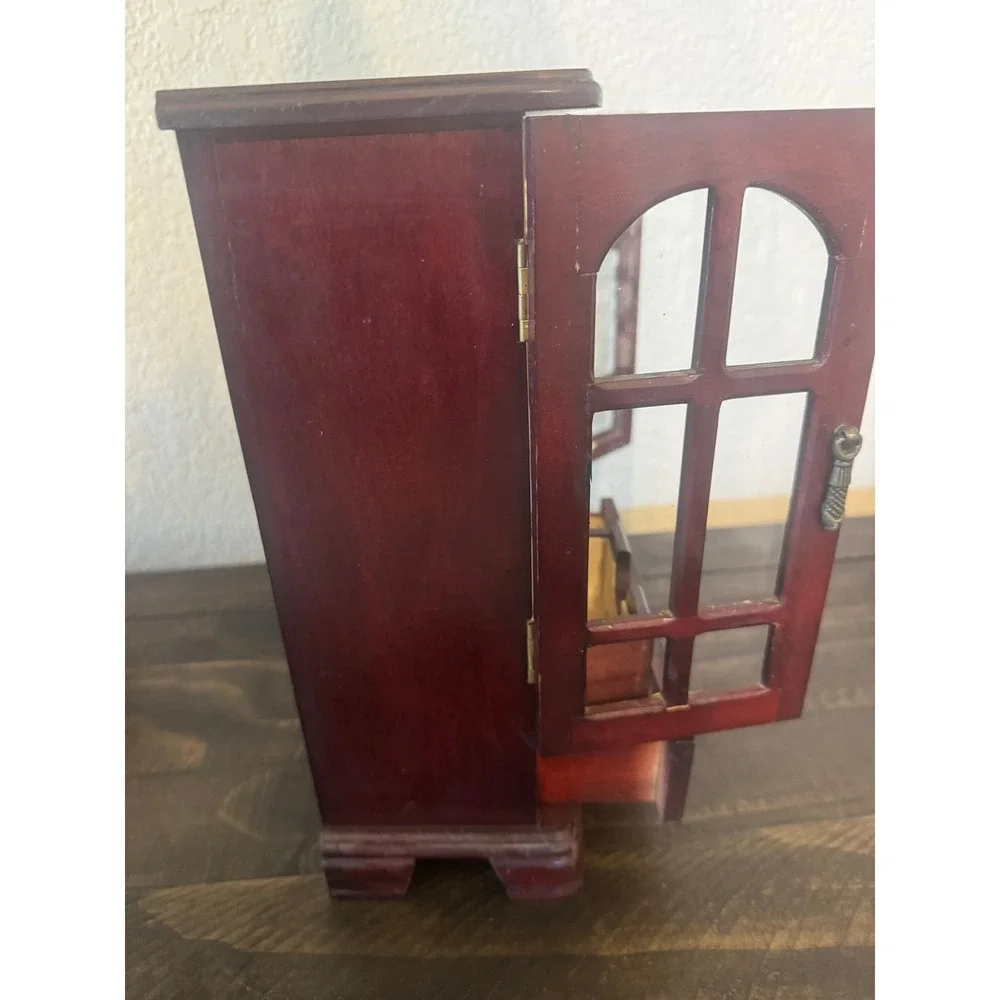 Vintage Wooden Jewelry Armoire Cherry Finish Glass Doors Necklace Carousel Box